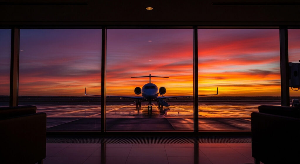 An early morning shot at dusk shot from the inside looking out of a wide glass window. An airplan front facing the camera sits parked.