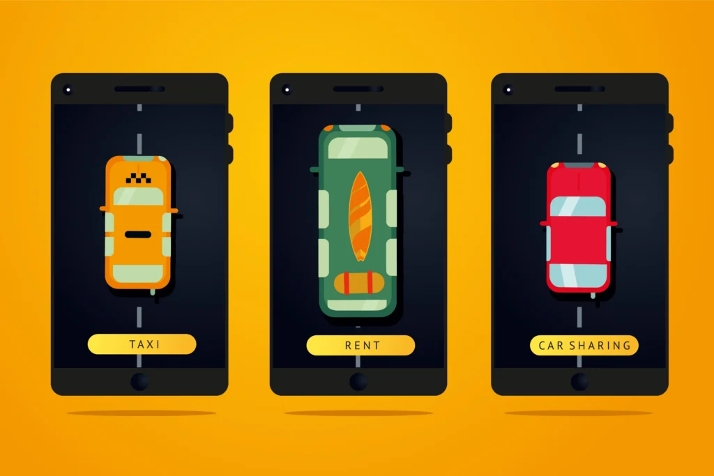 A cartoon drawing of 3 different types of Airport vehicles, Parking Rideshare and Taxi