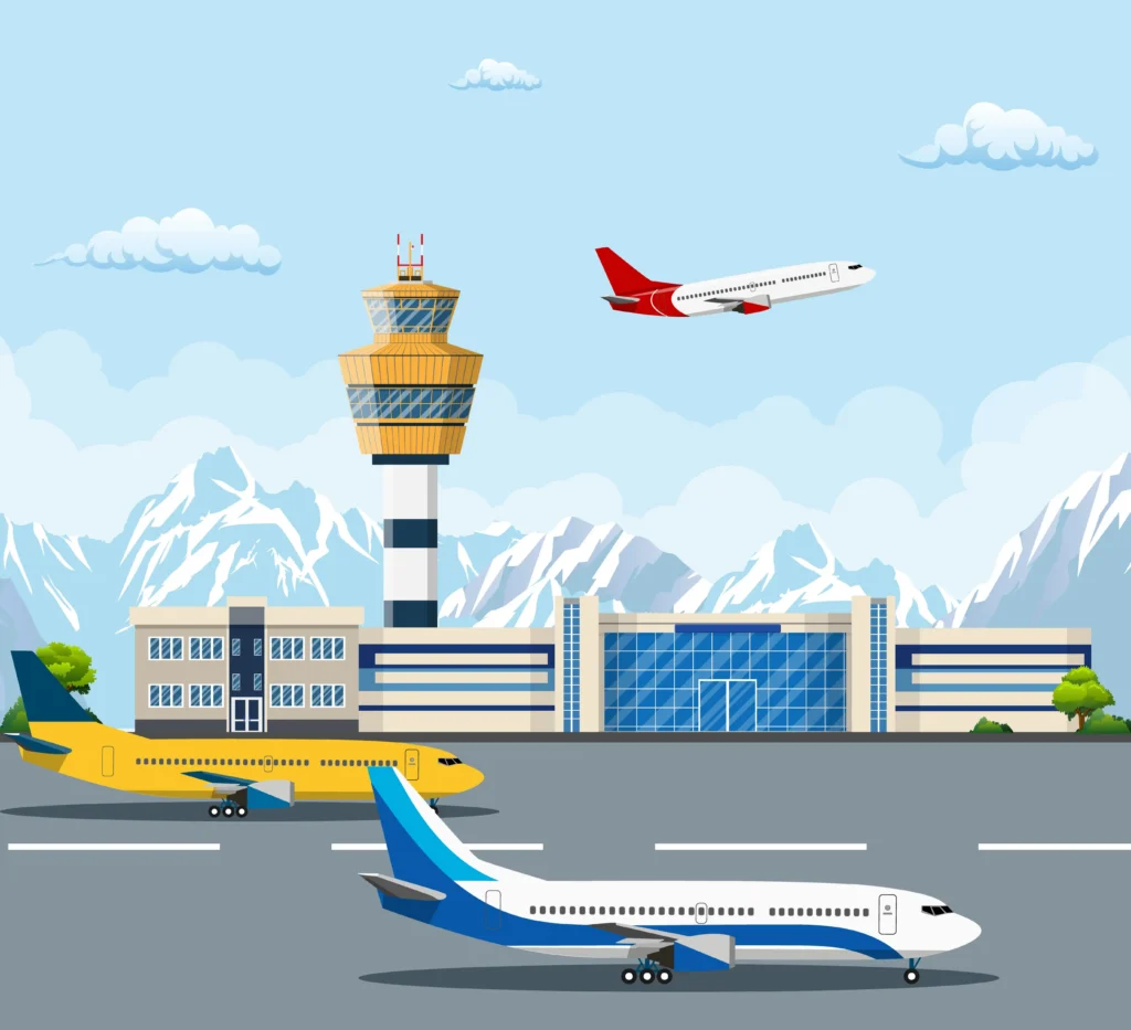 A Cartoon of Airplanes on a runway 2 on the strip and one in the air with a radio tower in the background