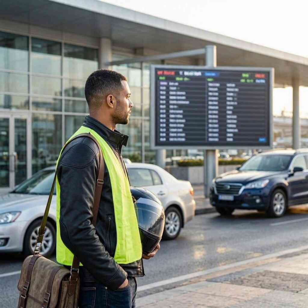 Portrait of a young African-American man in a jacket and a yellow vest standing at the airport ready to guide business travellers